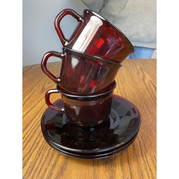 (3) Royal Ruby Red Glass Arcoroc France Coffee Punch Tea Cup & Saucer Sets - Picture 6 of 7